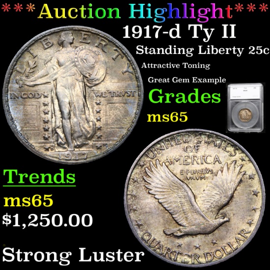 ***Auction Highlight*** 1917-d Ty II Standing Liberty Quarter 25c Graded ms65 By SEGS