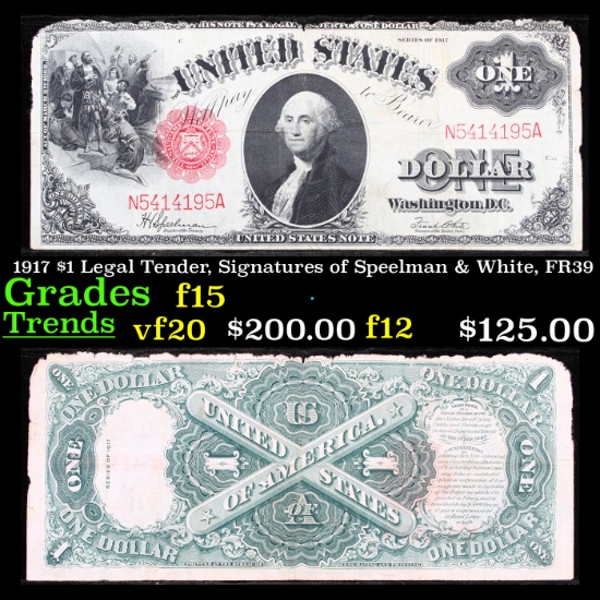 1917 $1 Legal Tender, Signatures of Speelman & White, FR39 Grades f+