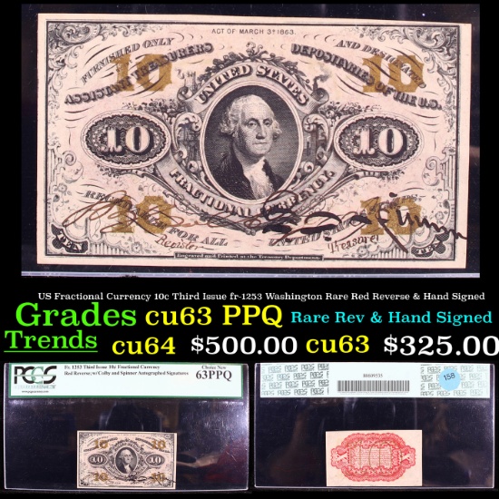 PCGS US Fractional Currency 10c Third Issue fr-1253 Washington Rare Red Reverse & Hand Signed Graded