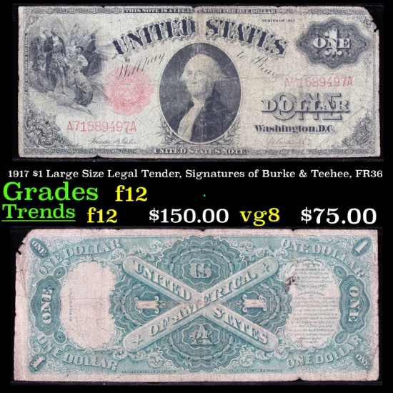 1917 $1 Large Size Legal Tender, Signatures of Burke & Teehee, FR36 Grades f, fine