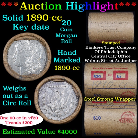 ***Auction Highlight*** Full solid Key date 1890-cc Morgan silver dollar roll, 20 coins.  (fc)