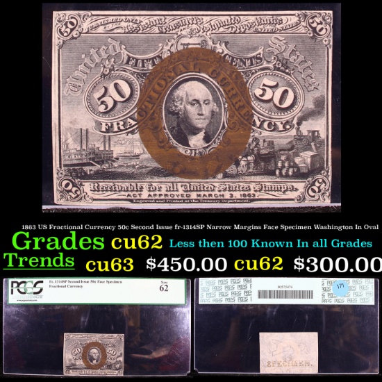 PCGS 1863 US Fractional Currency 50c Second Issue fr-1314SP Narrow Margins Face Specimen Washington