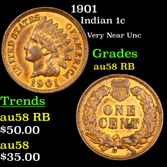 1901 Indian Cent 1c Grades Au58 RB