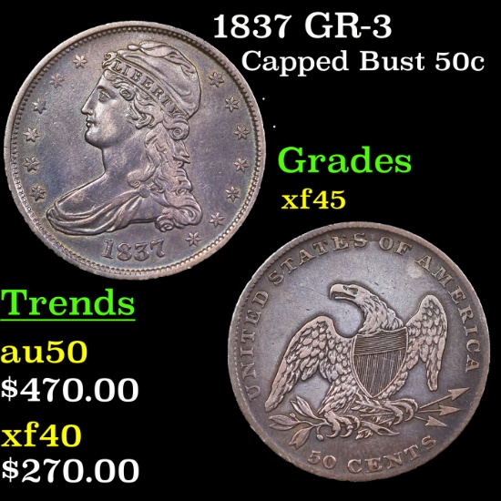 1837 GR-3 Capped Bust Half Dollar 50c Grades xf+
