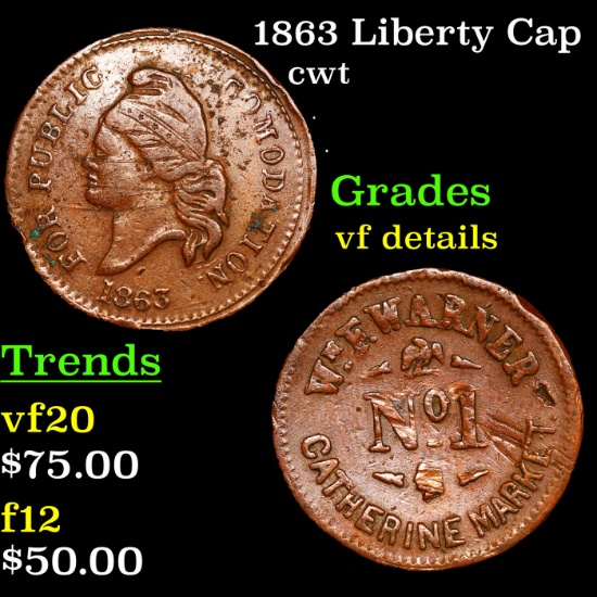1863 Liberty Cap Civil War Token 1c Grades vf details