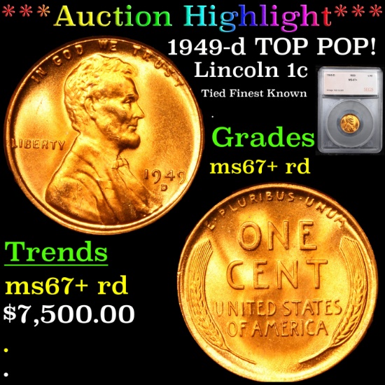 ***Auction Highlight*** 1949-d TOP POP! Lincoln Cent 1c Graded ms67+ rd By SEGS (fc)
