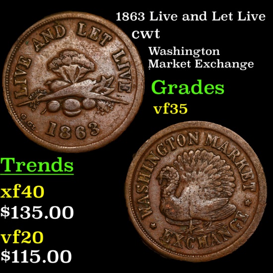 1863 Live and Let Live Civil War Token 1c Grades vf++