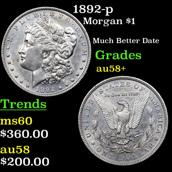 1892-p Morgan Dollar $1 Grades Choice AU/BU Slider+