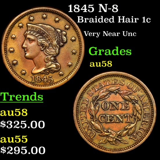 1845 N-8 Braided Hair Large Cent 1c Grades Choice AU/BU Slider