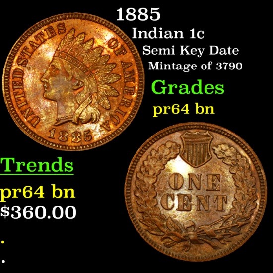 Proof 1885 Indian Cent 1c Grades Select Proof Bn