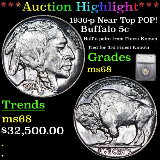 ***Auction Highlight*** 1936-p Near Top POP! Buffalo Nickel 5c Graded ms68 By SEGS (fc)