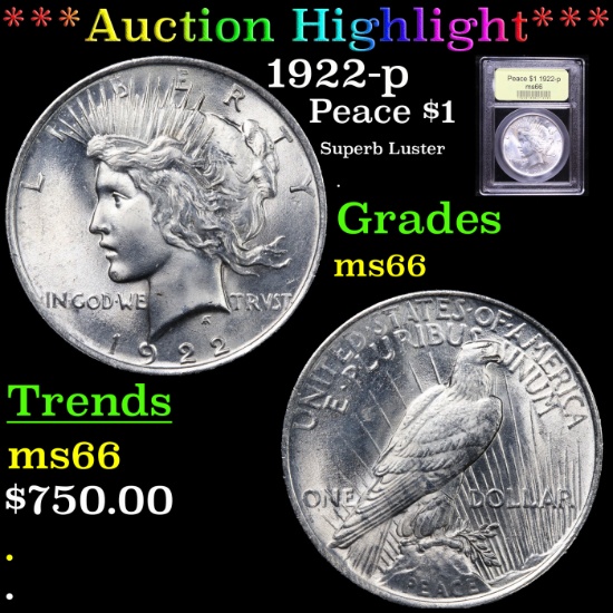 ***Auction Highlight*** 1922-p Peace Dollar $1 Graded GEM+ Unc By USCG (fc)
