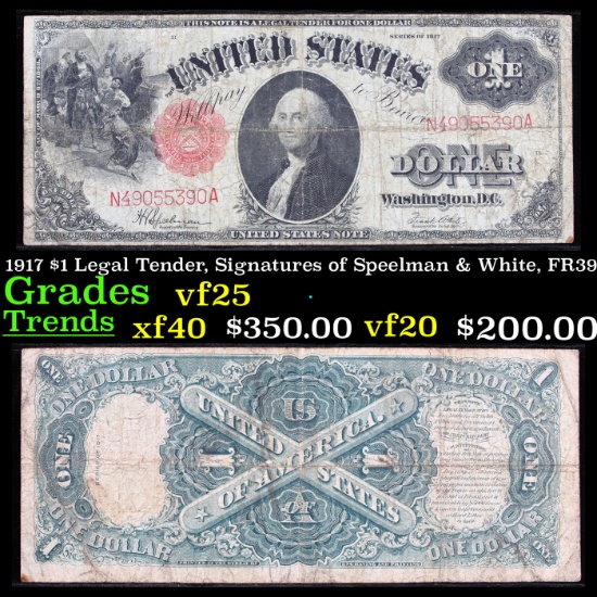 1917 $1 Legal Tender, Signatures of Speelman & White, FR39 Grades vf+
