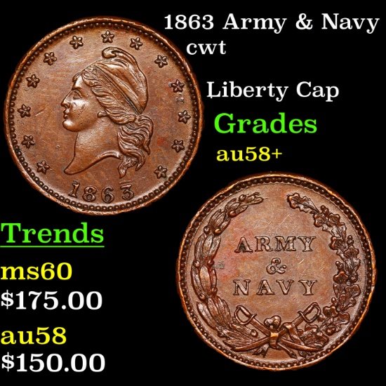 1863 Army & Navy Civil War Token 1c Grades Choice AU/BU Slider+