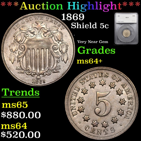 ***Auction Highlight*** 1869 Shield Nickel 5c Graded ms64+ By SEGS (fc)