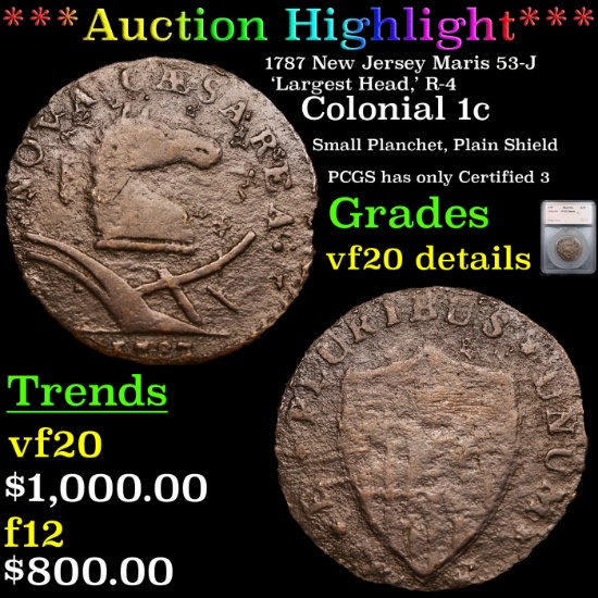***Auction Highlight*** 1787 New Jersey Maris 53-J 'Largest Head,' R-4 Colonial Cent 1c Graded vf20