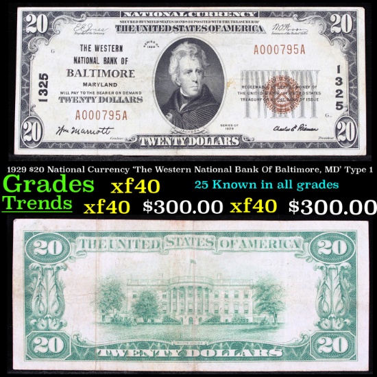 1929 $20 National Currency 'The Western National Bank Of Baltimore, MD' Type 1 Grades xf.