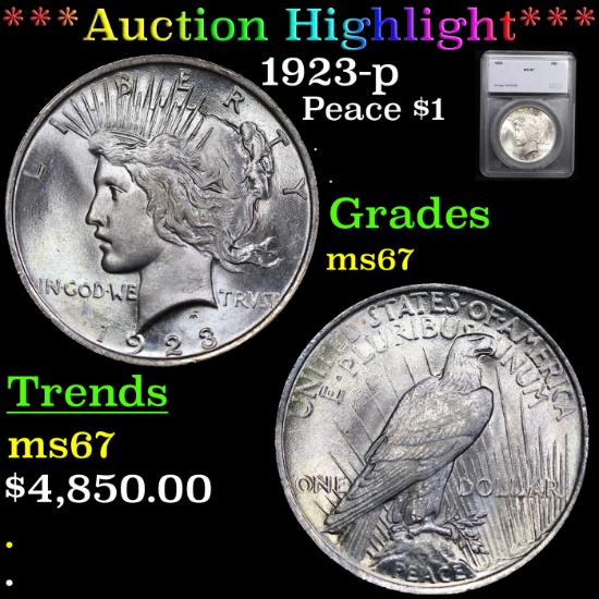 ***Auction Highlight*** 1923-p Peace Dollar $1 Graded ms67 By SEGS (fc)