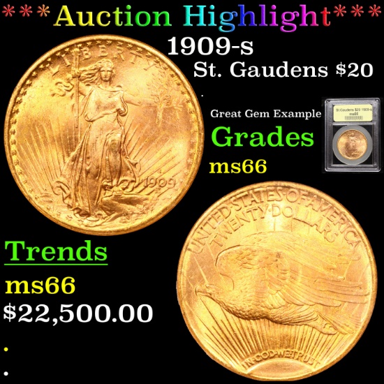 ***Auction Highlight*** 1909-s Gold St. Gaudens Double Eagle $20 Graded ms66 By USCG (fc)