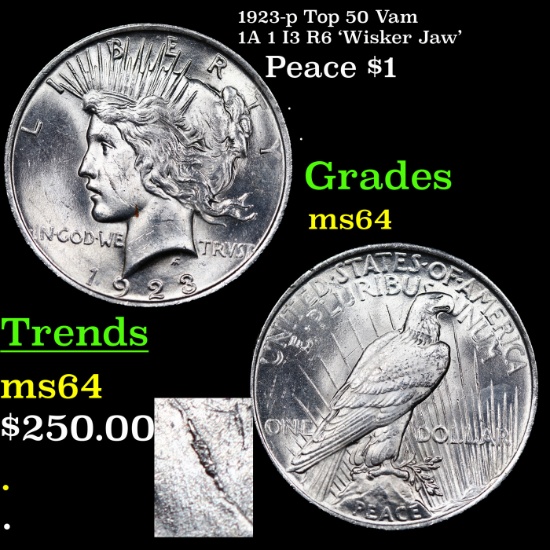 1923-p Top 50 Vam 1A 1 I3 R6 'Wisker Jaw' Peace Dollar $1 Grades Choice Unc