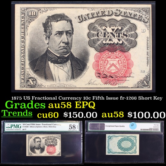 1875 US Fractional Currency 10c Fifth Issue fr-1266 Short Key Graded au58 EPQ By PMG