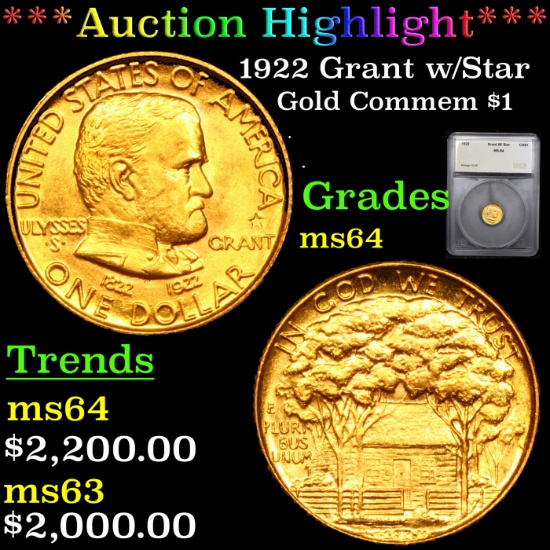 ***Auction Highlight*** 1922 Grant w/Star Gold Commem Dollar 1 Graded ms64 By SEGS (fc)