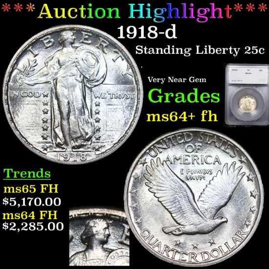 ***Auction Highlight*** 1918-d Standing Liberty Quarter 25c Graded ms64+ fh By SEGS (fc)