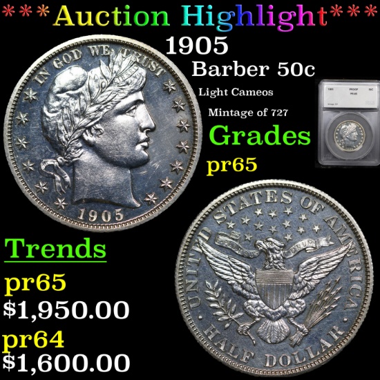 Proof ***Auction Highlight*** 1905 Barber Half Dollars 50c Graded pr65 By SEGS (fc)