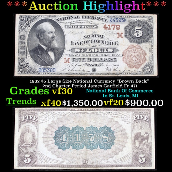 ***Auction Highlight*** 1882 $5 Large Size National Currency "Brown Back" 2nd Charter Period James G