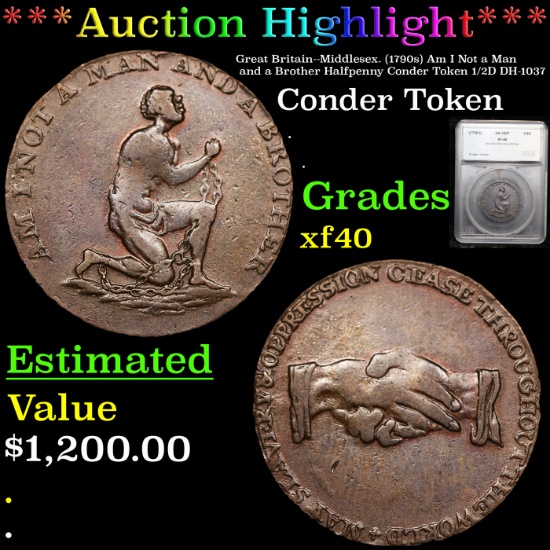 ***Auction Highlight*** Great Britain--Middlesex. (1790s) Am I Not a Man and a Brother Halfpenny Con