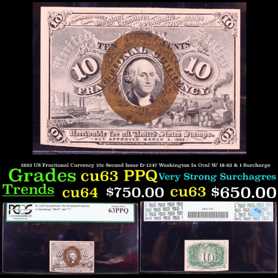 PCGS 1863 US Fractional Currency 10c Second Issue fr-1247 Washington In Oval W/ 18-63 & 1 Surcharge