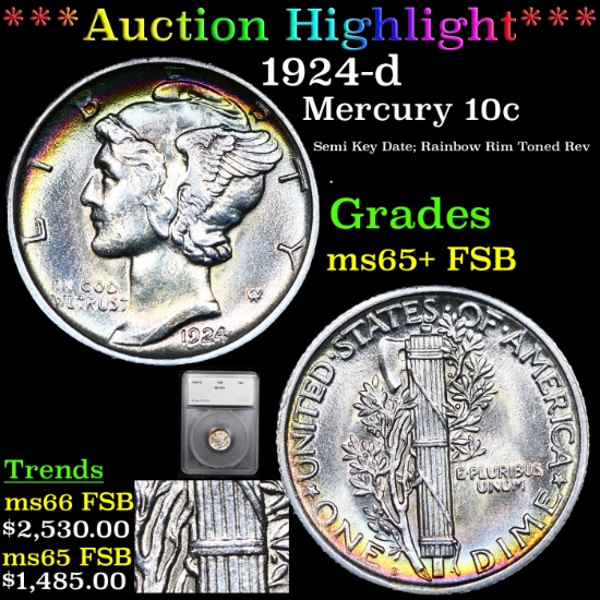 ***Auction Highlight*** 1924-d Mercury Dime 10c Graded ms65+ FSB By SEGS (fc)