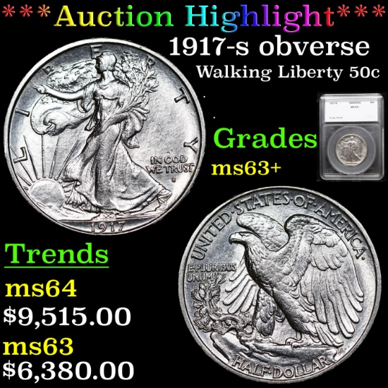 ***Auction Highlight*** 1917-s obverse Walking Liberty Half Dollar 50c Graded ms63+ By SEGS (fc)