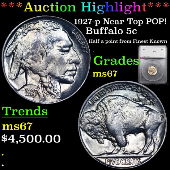 ***Auction Highlight*** 1927-p Near Top POP! Buffalo Nickel 5c Graded ms67 By SEGS (fc)