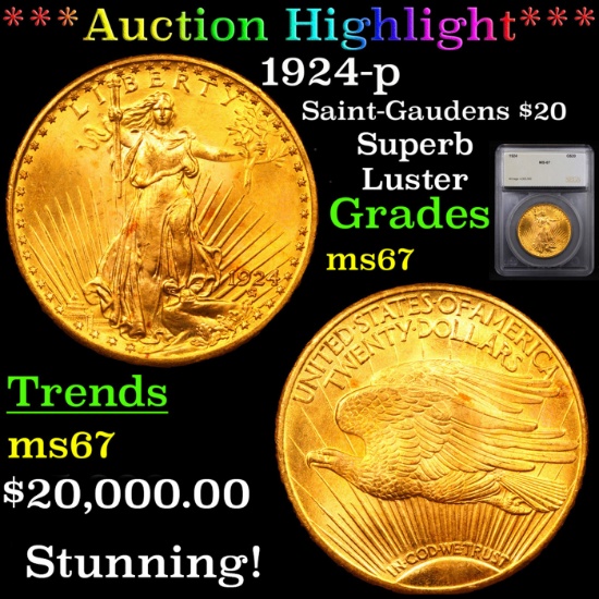 ***Auction Highlight*** 1924-p Saint-Gaudens $20 Gold Double Eagle Graded ms67 By SEGS (fc)