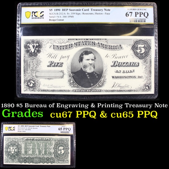 PCGS 1890 $5 Bureau of Engraving & Printing Treasury Note Graded cu67 PPQ By PCGS