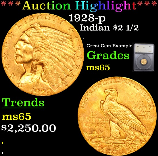 ***Auction Highlight*** 1928-p Gold Indian Quarter Eagle $2 1/2 Graded ms65 By SEGS (fc)