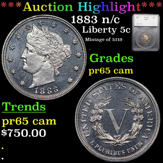 Proof ***Auction Highlight*** 1883 n/c Liberty Nickel 5c Graded pr65 cam By SEGS (fc)