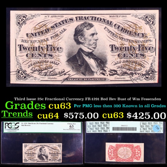 PCGS Third Issue 25c Fractional Currency FR-1291 Red Rev Bust of Wm Fessenden Graded cu63 By PCGS