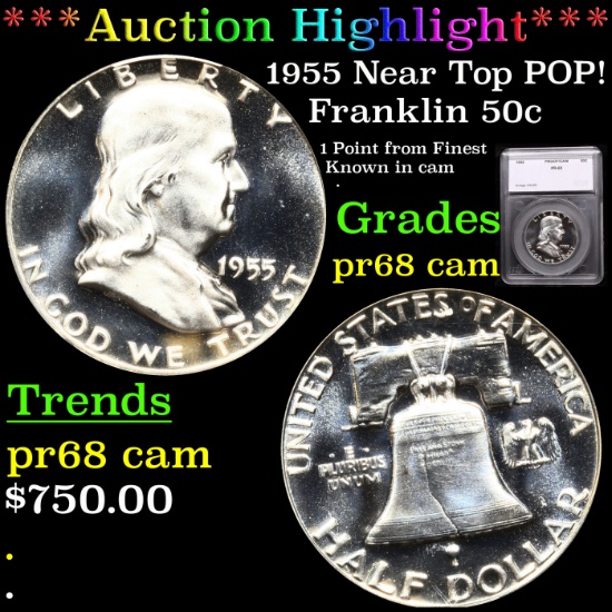 Proof 1955 Near Top POP! Franklin Half Dollar 50c Graded pr68 cam By SEGS