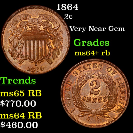 1864 Two Cent Piece 2c Grades Choice+ Unc RB