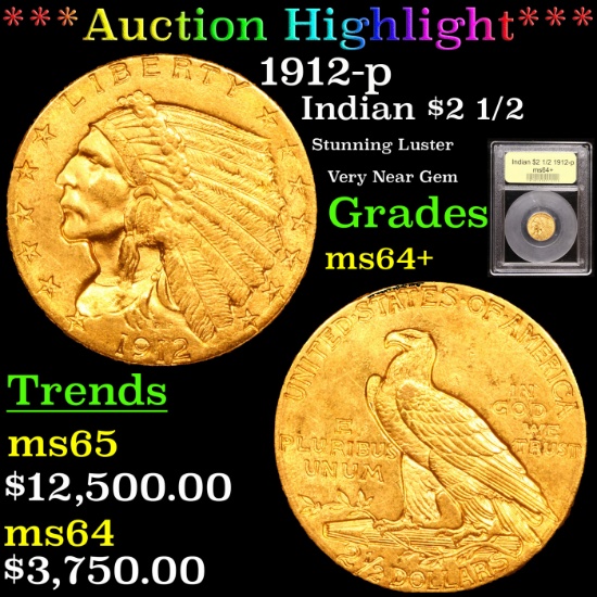 ***Auction Highlight*** 1912-p Gold Indian Quarter Eagle $2 1/2 Graded Choice+ Unc By USCG (fc)