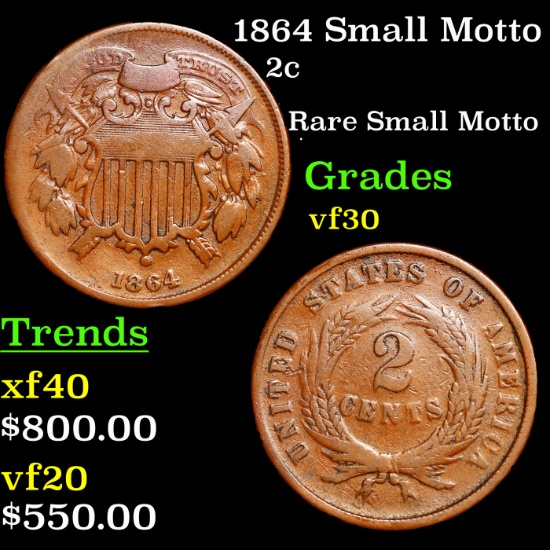 1864 Small Motto Two Cent Piece 2c Grades vf++