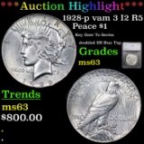 ***Auction Highlight*** 1928-p vam 3 I2 R5 Peace Dollar $1 Graded ms63 By SEGS (fc)