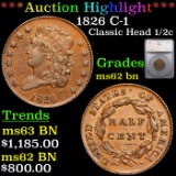 ***Auction Highlight*** 1826 C-1 Classic Head half cent 1/2c Graded ms62 bn By SEGS (fc)