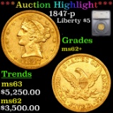 ***Auction Highlight*** 1847-p Gold Liberty Half Eagle $5 Graded ms62+ By SEGS (fc)