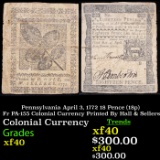 Pennsylvania April 3, 1772 18 Pence (18p) Fr PA-155 Colonial Currency Printed By Hall & Sellers Grad