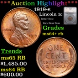 ***Auction Highlight*** 1919-s Lincoln Cent 1c Graded ms64+ rb By SEGS (fc)
