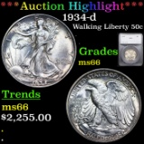 ***Auction Highlight*** 1934-d Walking Liberty Half Dollar 50c Graded ms66 By SEGS (fc)