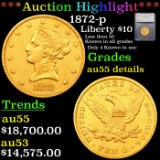 ***Auction Highlight*** 1872-p Gold Liberty Eagle $10 Graded au55 details By SEGS (fc)